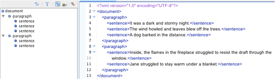 Screenshot of <oXygen/> XML Editor showing a simple XML document